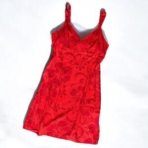 Aqua Blues Hawaiian Babydoll Mini Dress Girl’s 7 Floral Red Tropical Beach Rayon